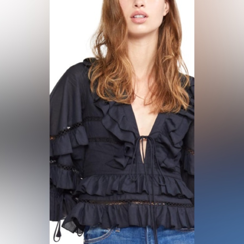 Black Ruffled V-Neck Blouse